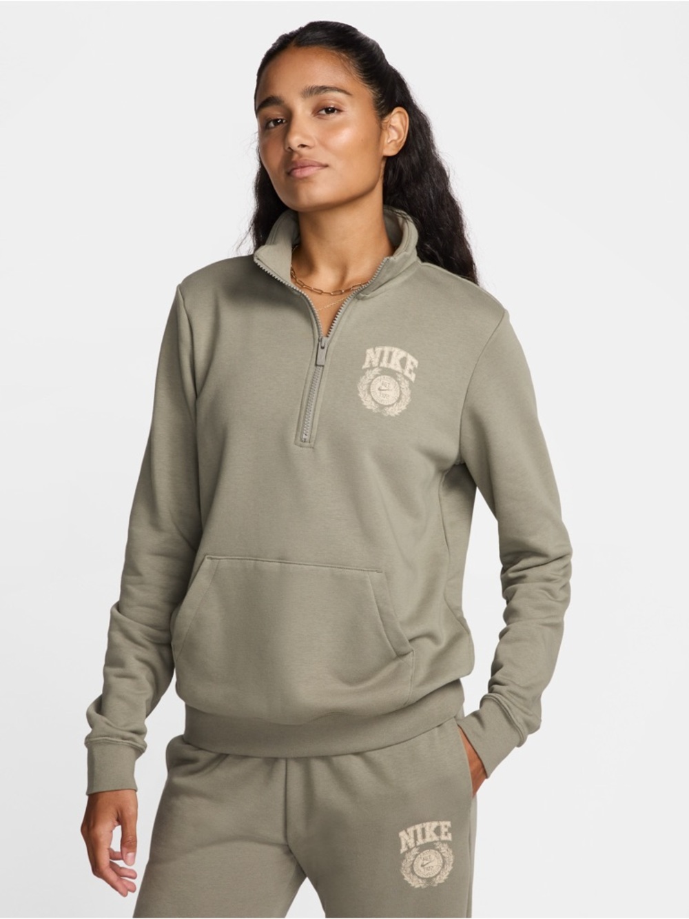 Nike Womens XXL Quarter Zip Sage Light Green Graphic Crest Pullover Fleece